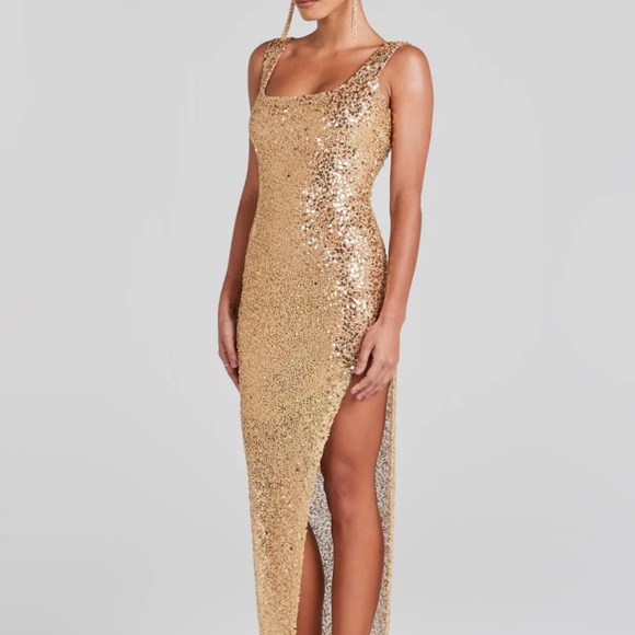NADINE MERABI LOUISA GOLD SEQUIN DRESS S/M - Picture 3 of 8